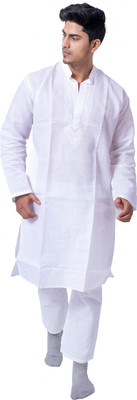 FAWOMENT Men Chikan Embroidery Straight Kurta(White)