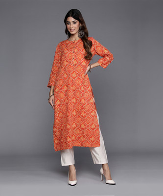 Indo Era Women Printed Straight Kurta(Orange)