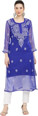 FAWOMENT Women Chikan Embroidery Straight Kurta(Dark Blue)