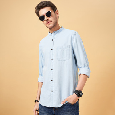 SF Jeans by Pantaloons Men Self Design Casual Blue Shirt