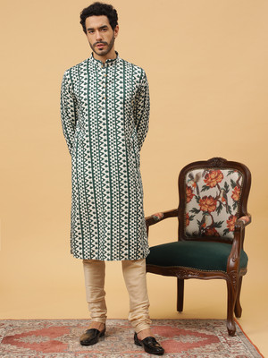 Tabard Men Embroidered Straight Kurta(Green)