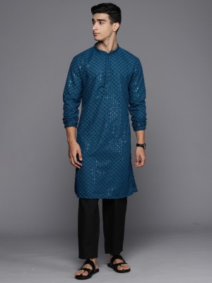 Indo Era Men Chikan Embroidery Straight Kurta(Dark Blue)