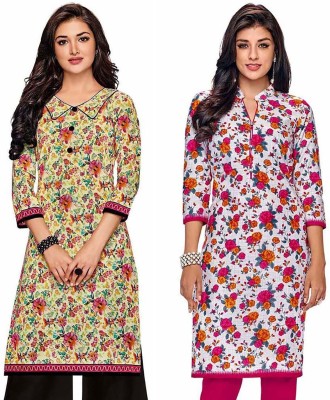 Jevi Prints Women Floral Print Straight Kurta(White, Beige)