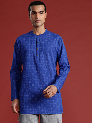 ANOUK Men Geometric Print Straight Kurta(Blue)