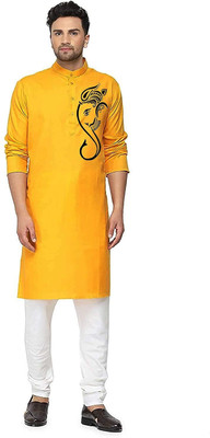 Enmozz Men Printed Straight Kurta(Yellow)
