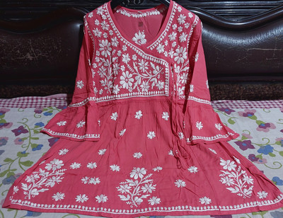 fayza collection Women Embroidered Flared Kurta(Orange)