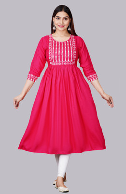 Aliya Women Embroidered Flared Kurta(Pink)