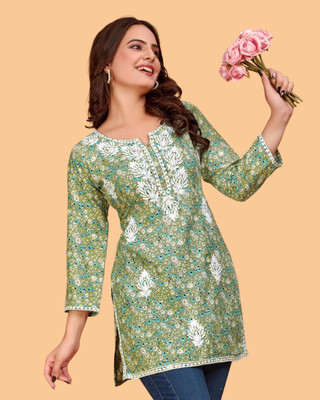 DharmHouse Women Chikan Embroidery Straight Kurta(Light Green)