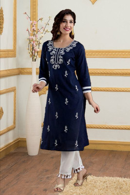 vikshi Women Chikan Embroidery Straight Kurta(Multicolor)
