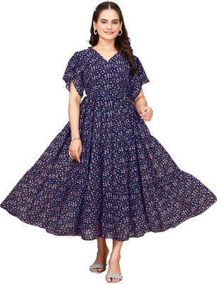 Parth Creation Women Printed Flared Kurta(Blue)