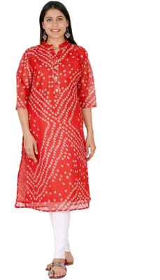 HUUHAMBAY Women Printed Flared Kurta(Red, White)
