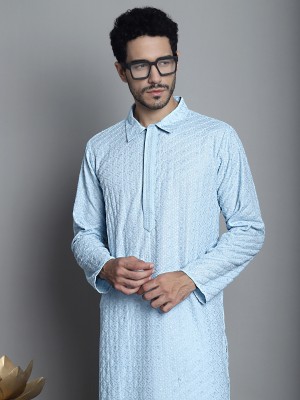 Jompers Men Embroidered Straight Kurta(Light Blue)