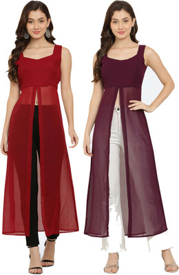 VESICLE Women Solid Frontslit Kurta(Maroon, Purple)