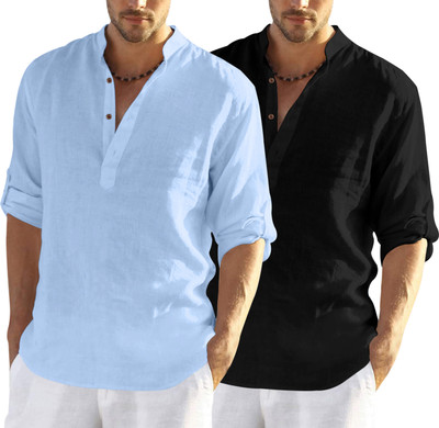 SHOPYCLICK Men Solid Straight Kurta(Black, Light Blue)