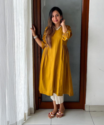 Tvyozs Women Solid Flared Kurta(Yellow)