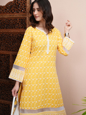Vishudh Women Embroidered A-line Kurta(Yellow)