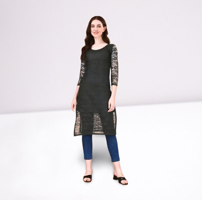HOC's Women Self Design Straight Kurta(Black)