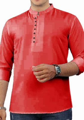 GOD HEART Men Solid Straight Kurta(Red)
