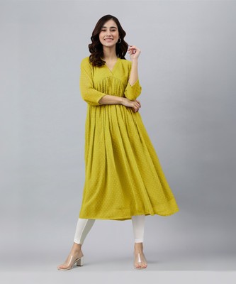Janasya Women Woven Design Flared Kurta(Yellow)