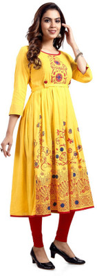 top by Fashion Women Printed Anarkali Kurta(Dark Blue, Yellow, Red)