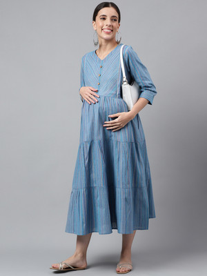 Negen Women Printed Flared Kurta(Light Blue)
