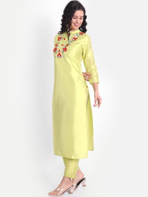 NIMVY Women Embroidered Straight Kurta(Light Green, Red, White)