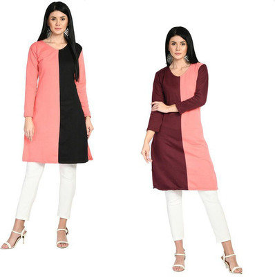 Indeweaves Women Colorblock Straight Kurta(Maroon, Pink)
