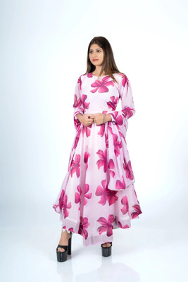 Krunal Raiyani Women Fit and Flare Pink Ankle Length Dress