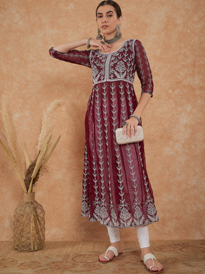 HERE&NOW Women Embroidered Flared Kurta(Multicolor)