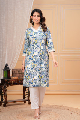 Deepyog Women Printed Straight Kurta(Blue)