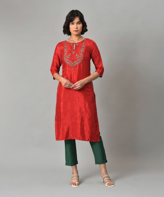 W Women Self Design Straight Kurta(Red)
