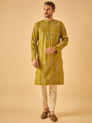 House of Pataudi Men Geometric Print Straight Kurta(Dark Green)