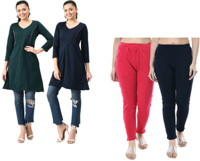 IndiWeaves Women Solid Straight Kurta(Dark Blue, Dark Green)