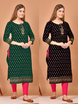 Avnigarments Women Printed, Embroidered A-line Kurta(Dark Blue, Black)