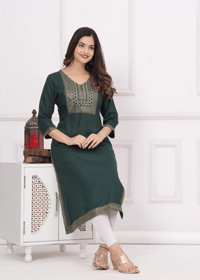 his&her Women Embroidered Straight Kurta(Dark Green, Gold)