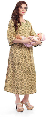 Mom&bae Women Floral Print A-line Kurta(Brown)