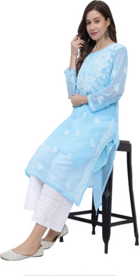 CHIKANKARI BY KK Women Chikan Embroidery Straight Kurta(Blue)