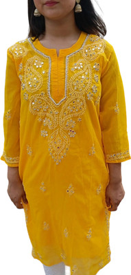 A A Handwork Chikan Women Chikan Embroidery A-line Kurta(Yellow)