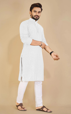 ORIFAB Men Embroidered Straight Kurta(White)