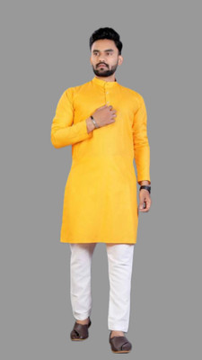 HouseOfCommon Men Solid A-line Kurta(Yellow)