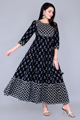 MintMarie Women Printed Anarkali Kurta(Black)