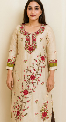 Good finds merchant Women Embroidered Straight Kurta(Beige)