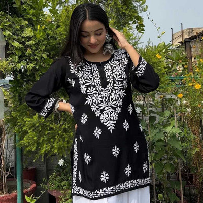 Shree Ram Creation Women Embroidered A-line Kurta(Black)