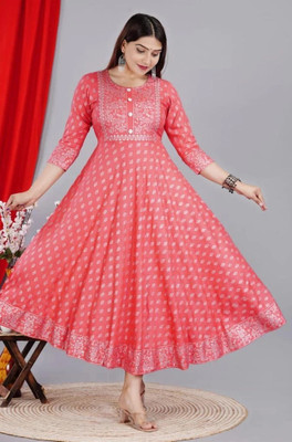 Panchiraj Women Printed Anarkali Kurta(Pink)