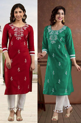 HouseOfCommon Women Chikan Embroidery Straight Kurta(Multicolor)