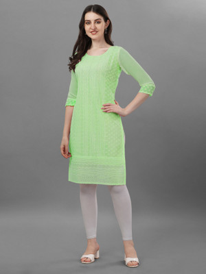 ZAZADIYA IMPEX Women Chikan Embroidery Straight Kurta(Green)