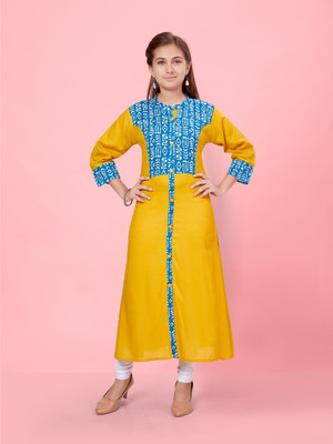 MUHURATAM Girls Printed A-line Kurta(Yellow)