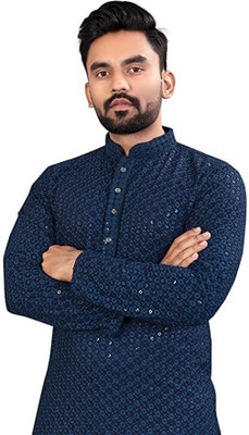 Growwax Men Embellished Straight Kurta(Dark Blue)