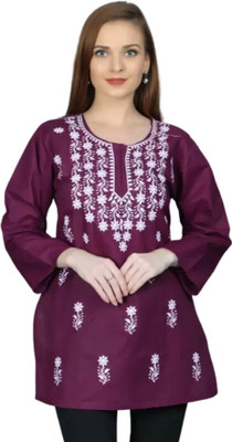 Nazaqat Women Embroidered, Chikan Embroidery, Self Design, Embellished Straight Kurta(Maroon, White)