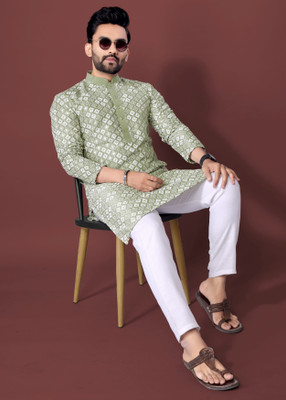 FOXDX Men Embroidered A-line Kurta(Light Green)